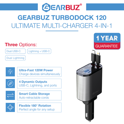 GEARBUZ® 120W 4 IN 1 RETRACTABLE CAR FAST CHARGER 2024