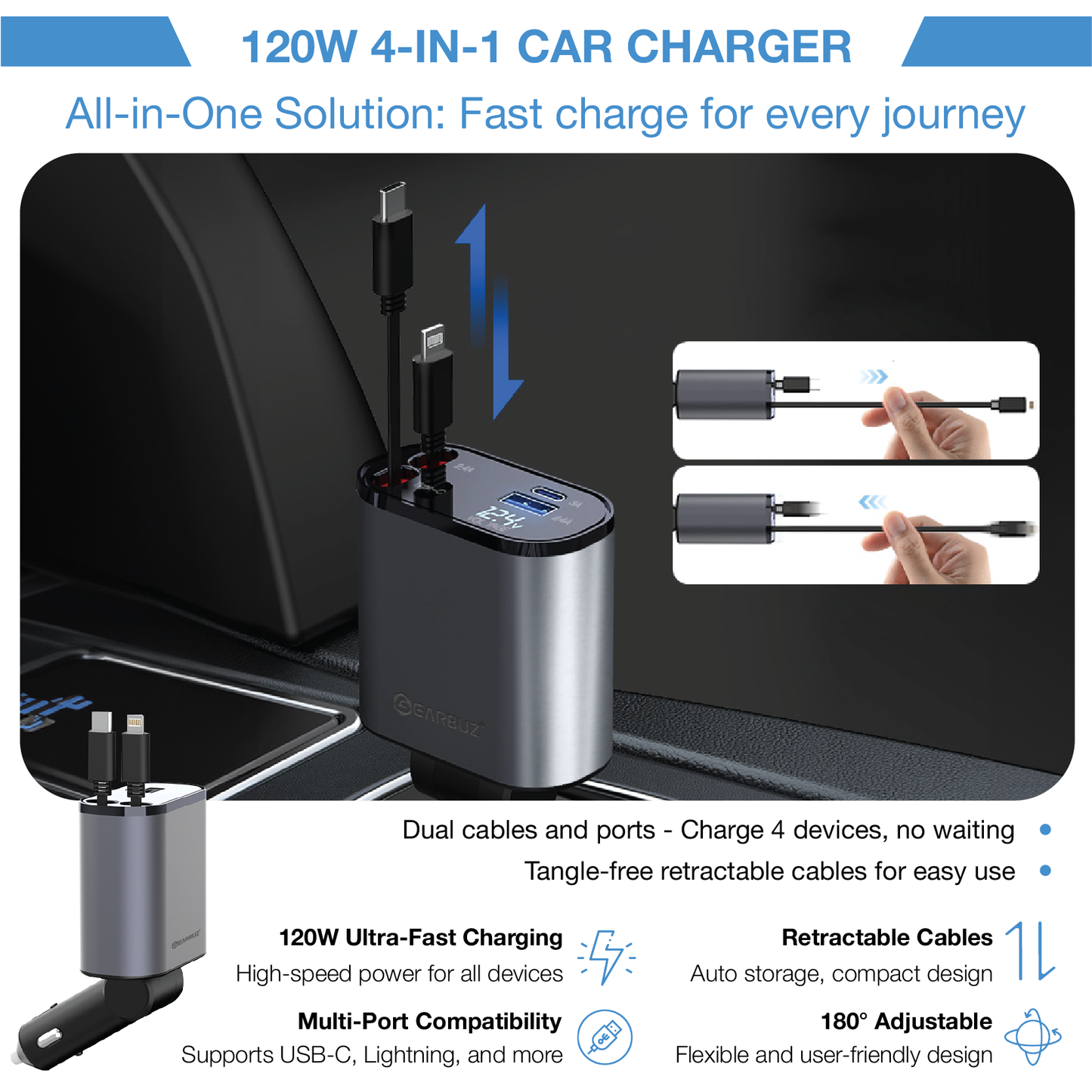 GEARBUZ® 120W 4 IN 1 RETRACTABLE CAR FAST CHARGER 2024